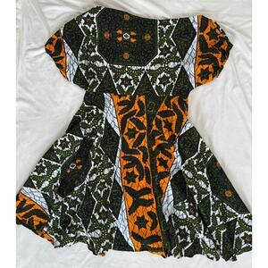OFUURE XL African Dress 100% Cotton Geometric Print Orange Green Zip Accent